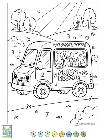 Kawaii Animal Rescue Van on a Sunny Hill Road — color by number