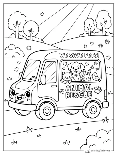 Kawaii animal rescue van carrying a dog, cat, bunny, and bird on a sunny hill road.