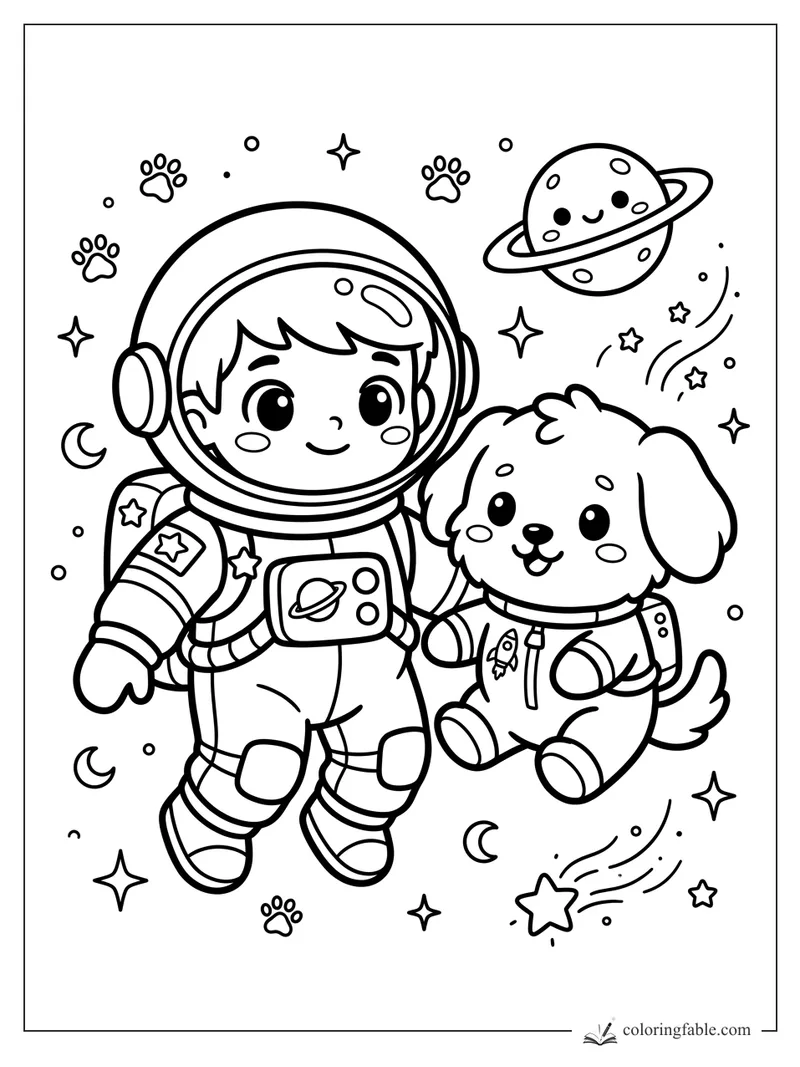 Kawaii astronaut floating with a puppy in a spacesuit, ringed planet, stars, moons, and paw prints.