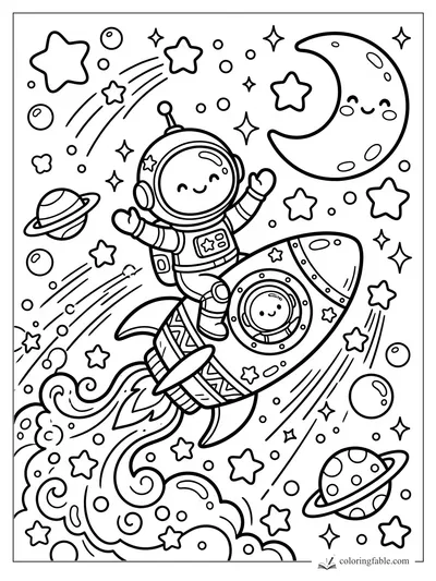 Kawaii astronaut waving on a rocket with smiling moon, stars, planets, and comet trails