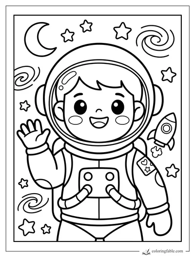 Kawaii astronaut waving in space with crescent moon, stars, spiral galaxies, and a small rocket.