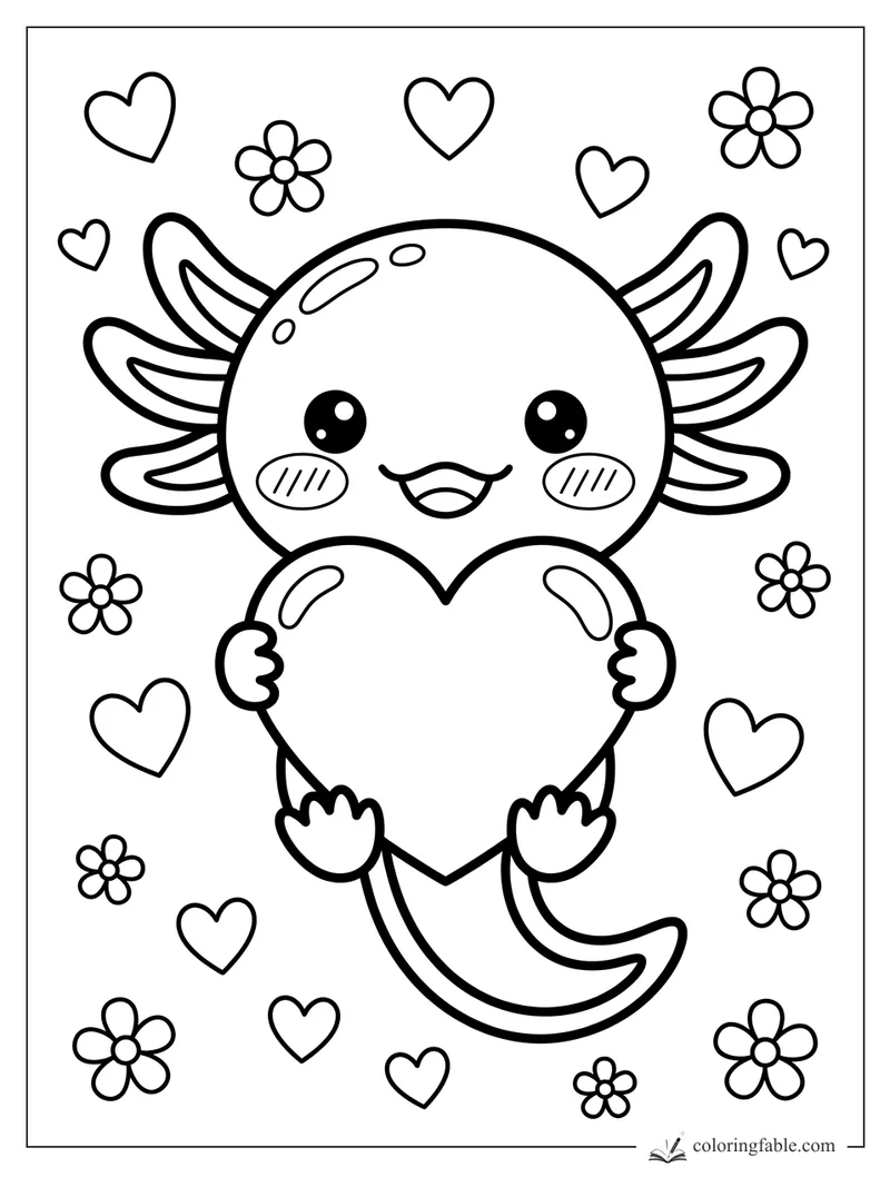 Kawaii axolotl holding a large heart, surrounded by small hearts and flowers