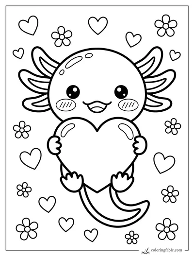 Kawaii axolotl holding a large heart, surrounded by small hearts and flowers