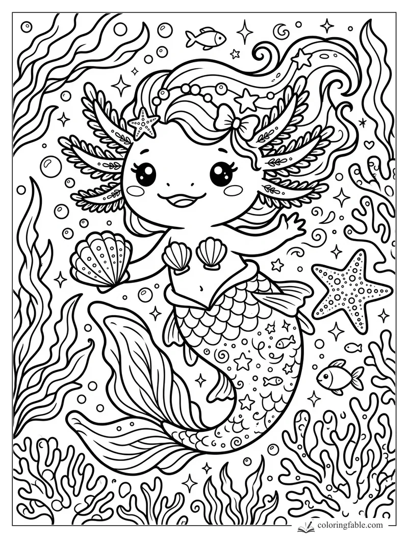 Kawaii axolotl mermaid with frilly gills, shell top, starfish crown, seaweed, bubbles, and fish