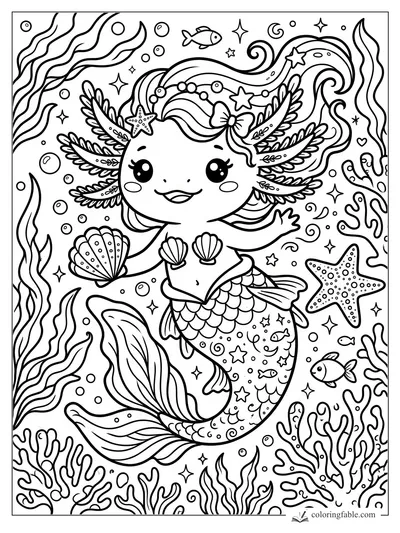 Kawaii axolotl mermaid with frilly gills, shell top, starfish crown, seaweed, bubbles, and fish