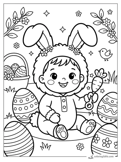 Kawaii baby in a bunny suit holding a carrot rattle among Easter eggs, flowers, stars, and a bird.