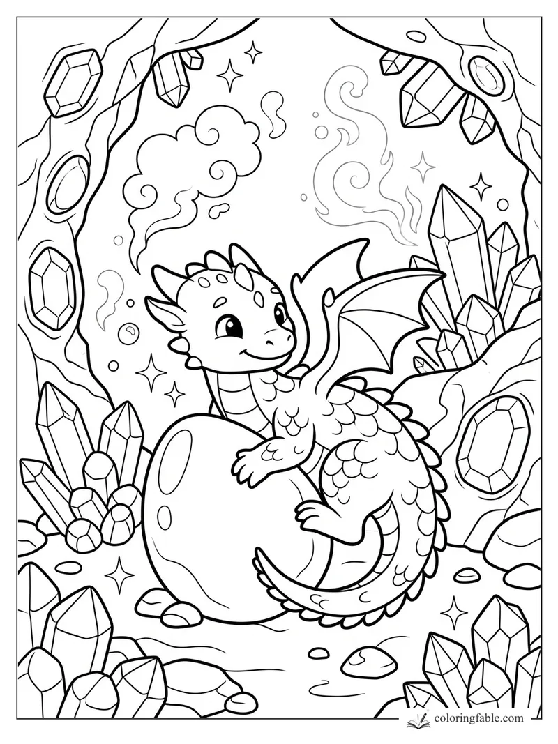 Kawaii baby dragon hugging a large egg in a crystal cave with gems, sparkles, and curling mist