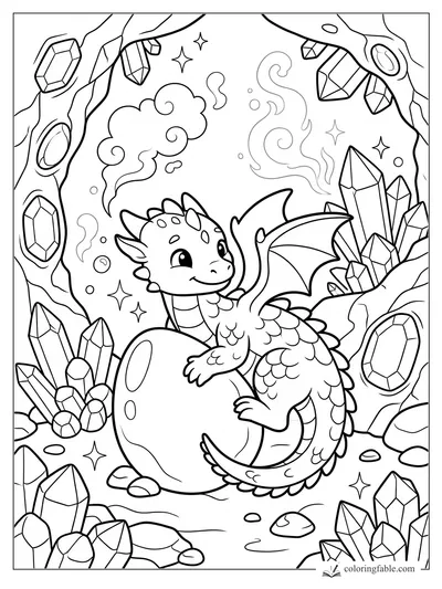 Kawaii baby dragon hugging a large egg in a crystal cave with gems, sparkles, and curling mist