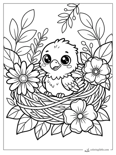 Kawaii baby eagle sitting in a woven nest surrounded by large flowers, leaves, and berry sprigs.