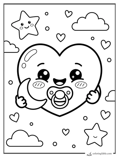 Kawaii baby heart with pacifier holding a crescent moon, surrounded by stars, clouds, hearts, and dots.