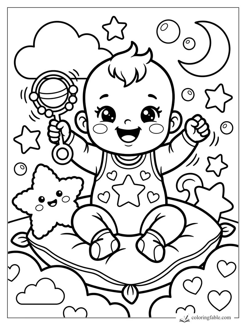 Kawaii baby smiling on a pillow, shaking a rattle among stars, moon, clouds, hearts, and bubbles.