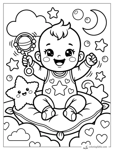 Kawaii baby smiling on a pillow, shaking a rattle among stars, moon, clouds, hearts, and bubbles.