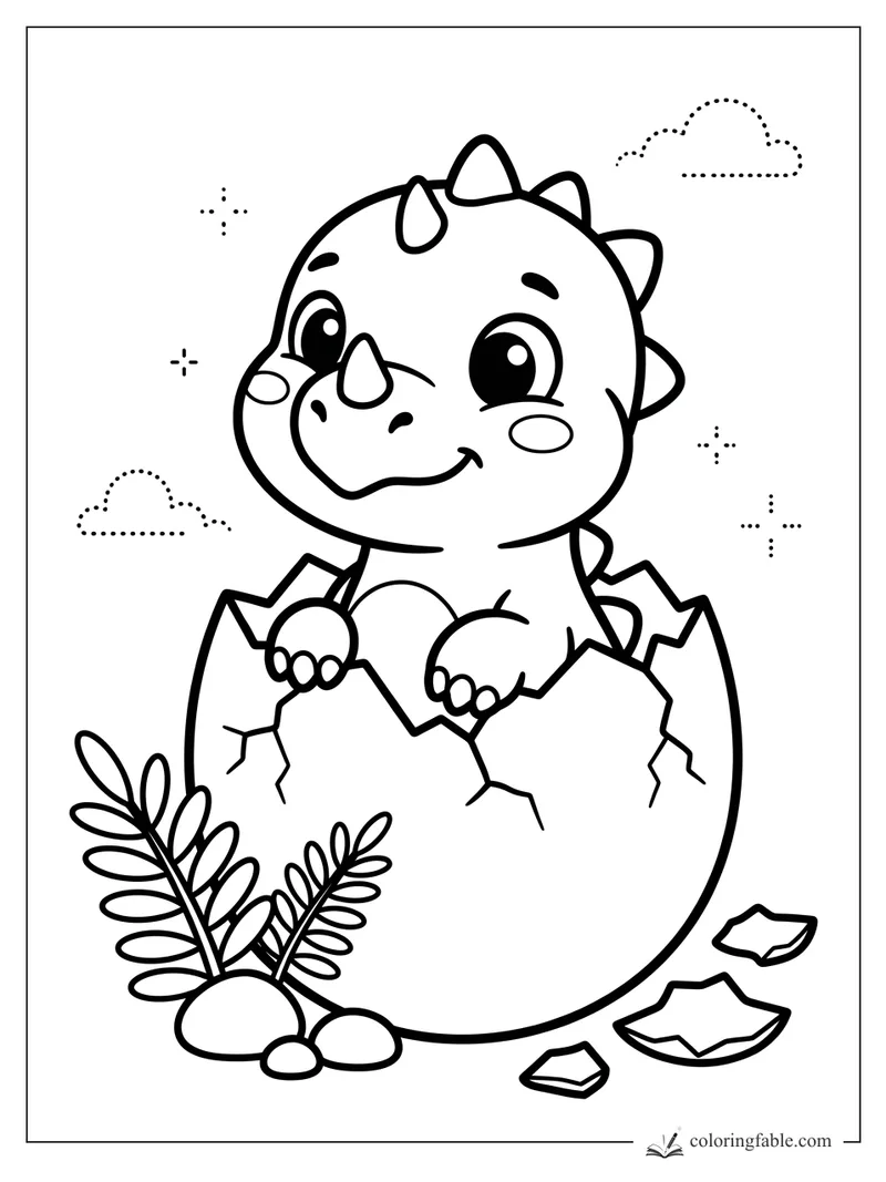Cute baby triceratops hatching from a cracked egg with leaves, shell pieces, dotted clouds, and sparkle stars.
