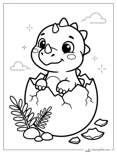 Cute baby triceratops hatching from a cracked egg with leaves, shell pieces, dotted clouds, and sparkle stars.