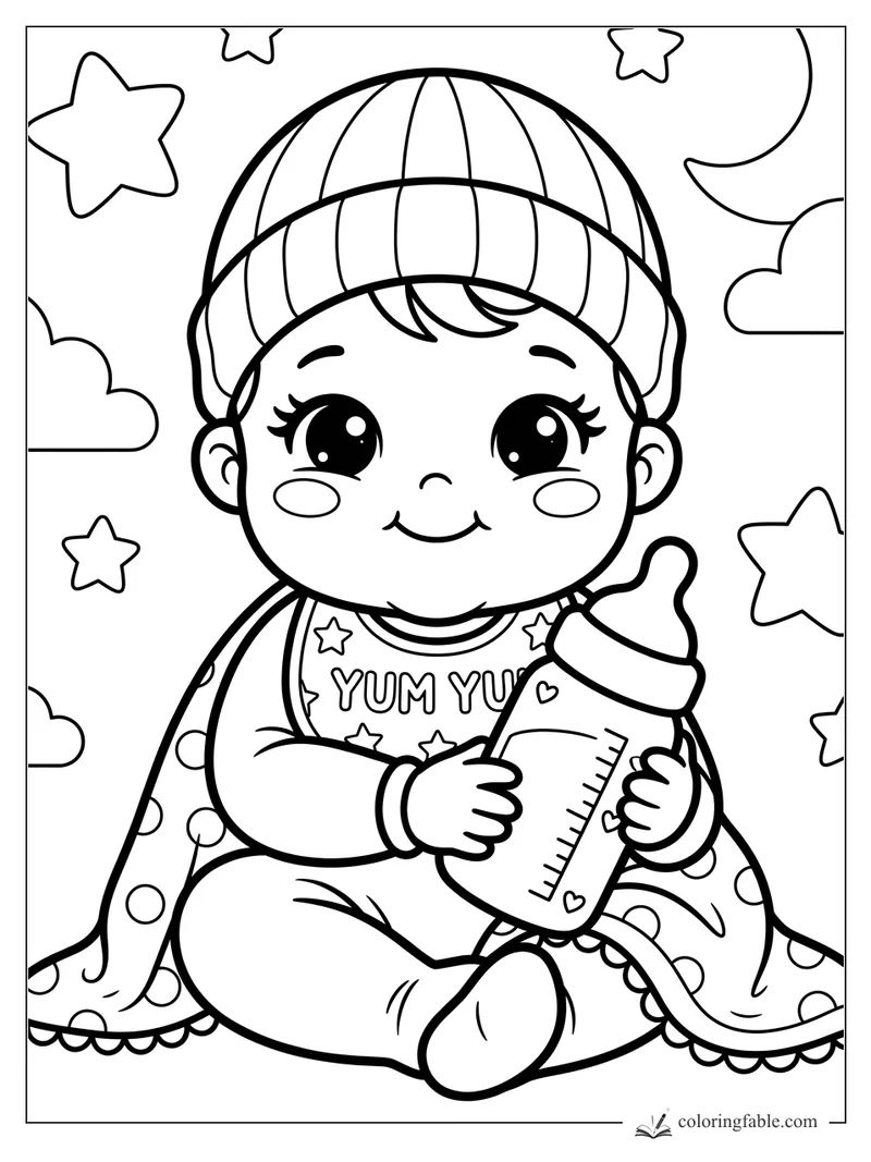 Kawaii baby in a striped beanie holding a bottle, with stars, clouds, and a crescent moon