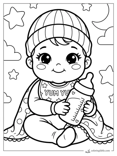 Kawaii baby in a striped beanie holding a bottle, with stars, clouds, and a crescent moon
