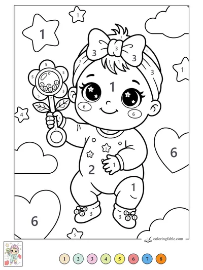 Kawaii Baby with Flower Rattle and Starry Bow — color by number