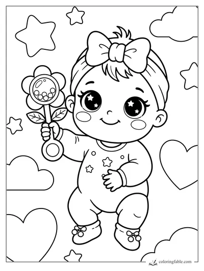Kawaii baby with a big bow, flower rattle, starry eyes, clouds, hearts, and stars to color.
