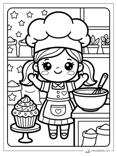 Kawaii girl baker in a chef hat beside a mixing bowl, flour bags, plants, stars, and a giant cupcake.