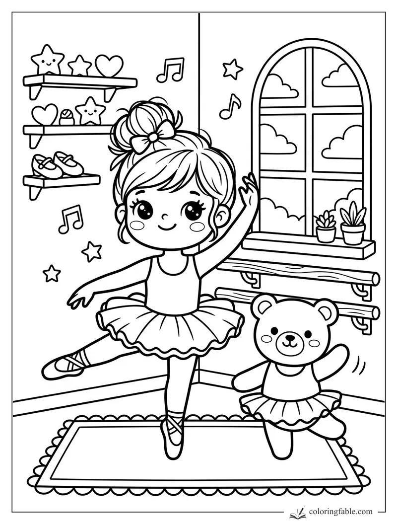 Kawaii ballerina poses with a tutu teddy bear in a ballet room with shelves, stars, music notes, and window plants.