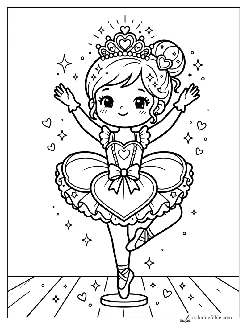 Kawaii ballerina in a heart tutu and tiara, posing on pointe with sparkles and hearts around her