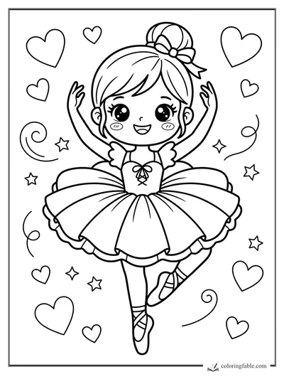 Kawaii ballerina in a tutu with raised arms, bun bow, hearts, stars, and swirling ribbons.