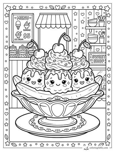 Kawaii banana split with three smiling scoops, cherries, whipped cream, sprinkles, and sweet shop shelves.