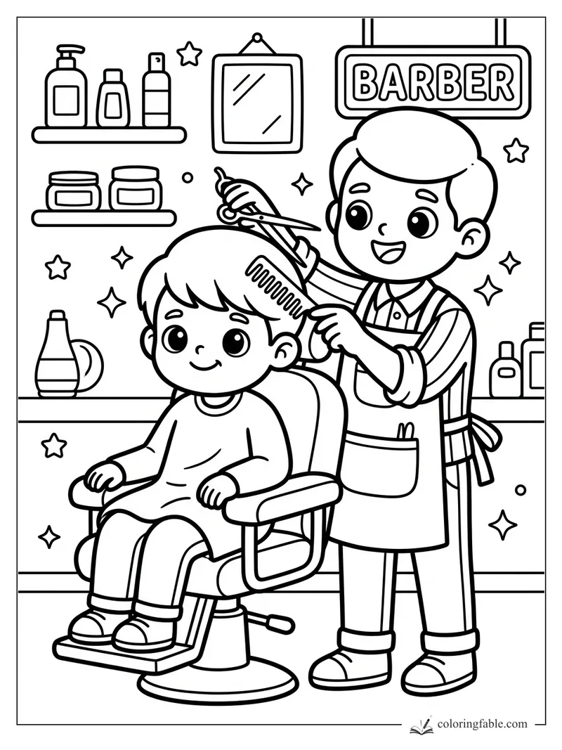 Kawaii barber cutting a smiling child’s hair in a barber shop with shelves, mirror, sign, and sparkles.