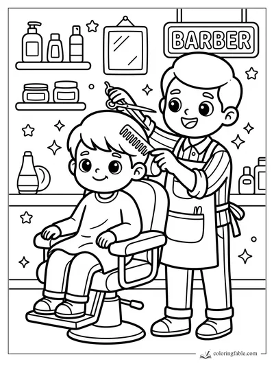 Kawaii barber cutting a smiling child’s hair in a barber shop with shelves, mirror, sign, and sparkles.