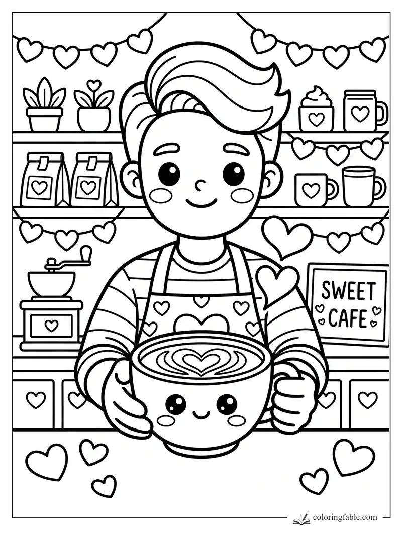 Kawaii barista holding a smiling latte with heart art in a Sweet Cafe full of heart garlands.