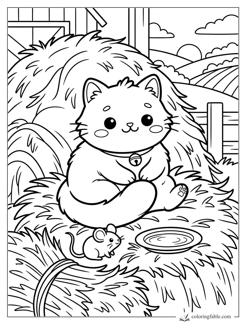 Kawaii cat with a bell collar sits on hay beside a mouse and milk saucer in a barn scene.