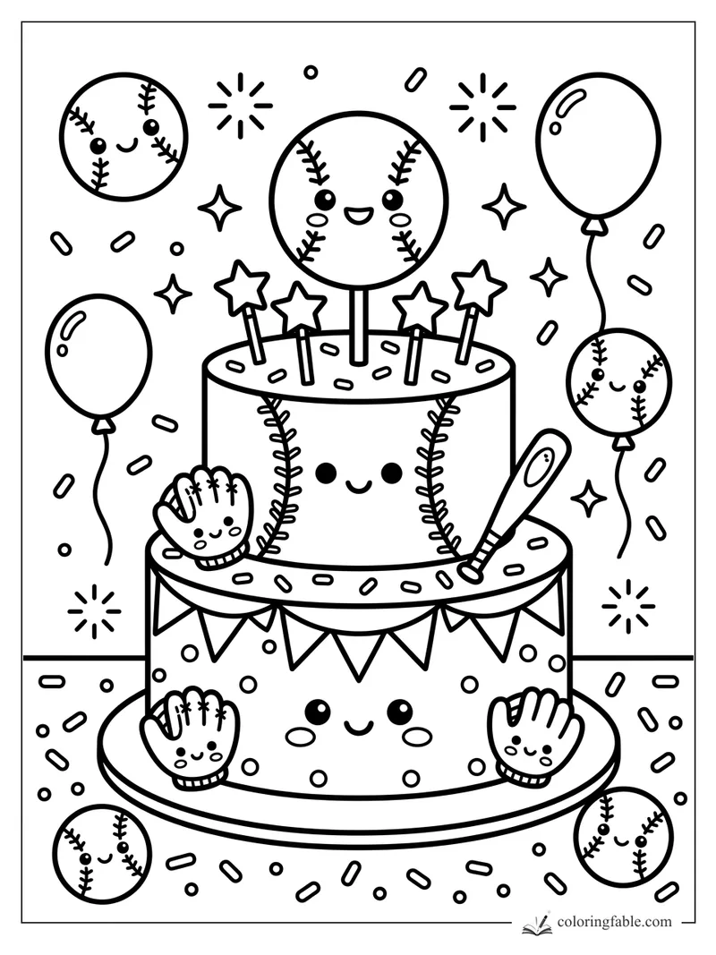 Kawaii two-tier baseball cake with smiling balls, gloves, bat, balloons, stars, bunting, and sprinkles.