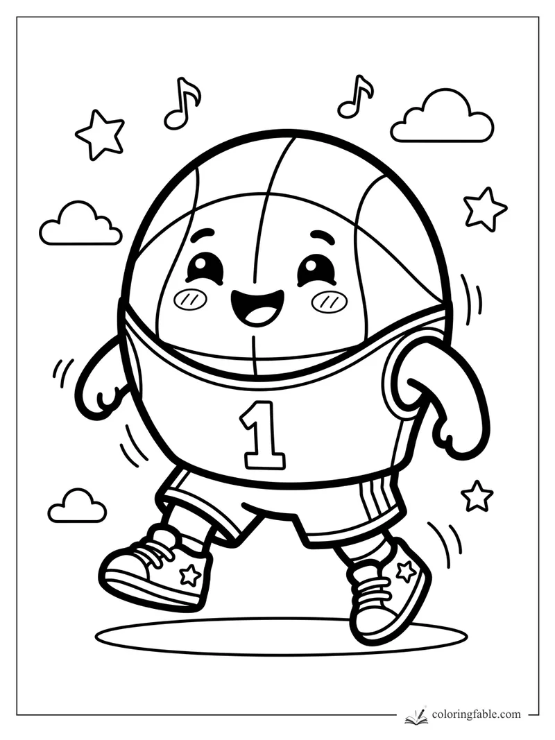 Kawaii basketball character in a number 1 jersey, sneakers, stars, clouds, and music notes
