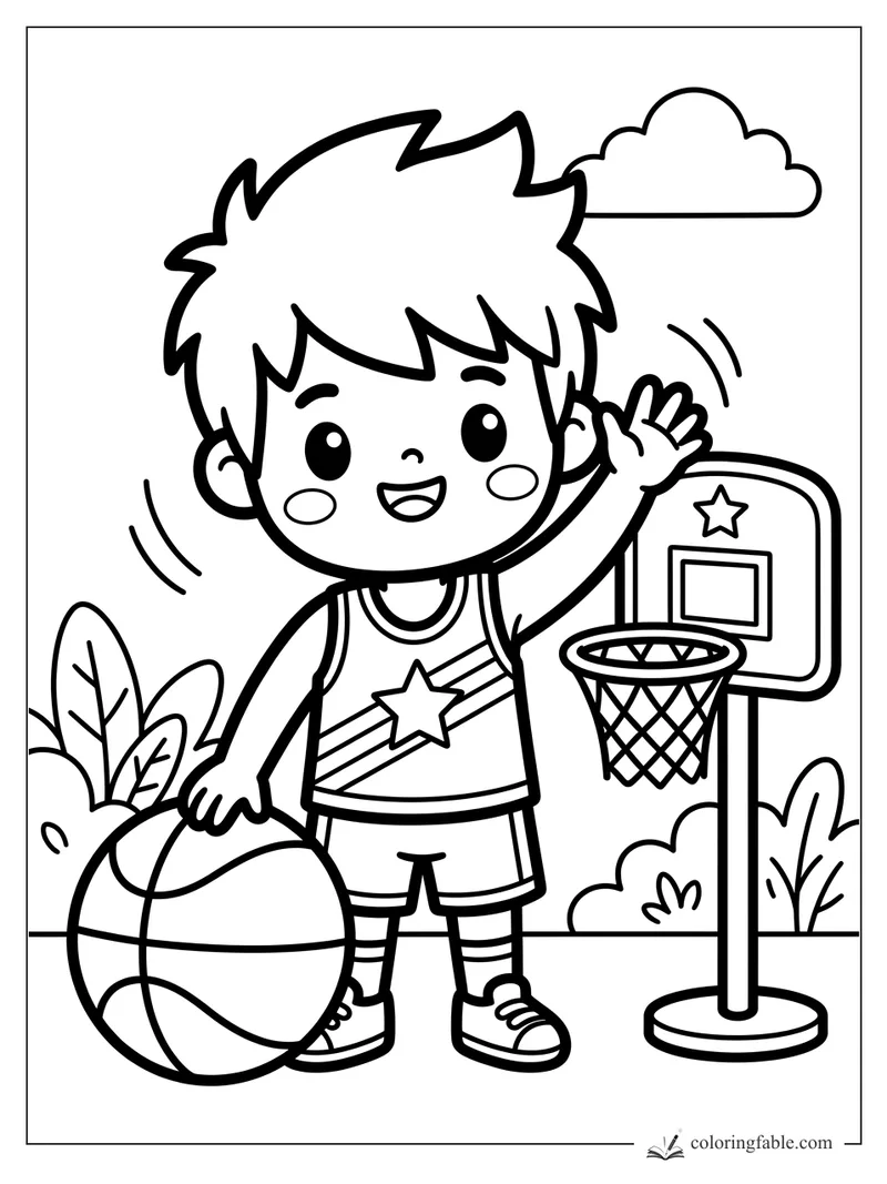 Kawaii boy waving beside a basketball, small hoop, bushes, and cloud coloring page