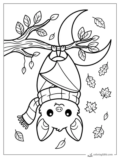 Kawaii bat hanging upside down from a leafy branch with scarf, cloak, crescent moon, and falling autumn leaves