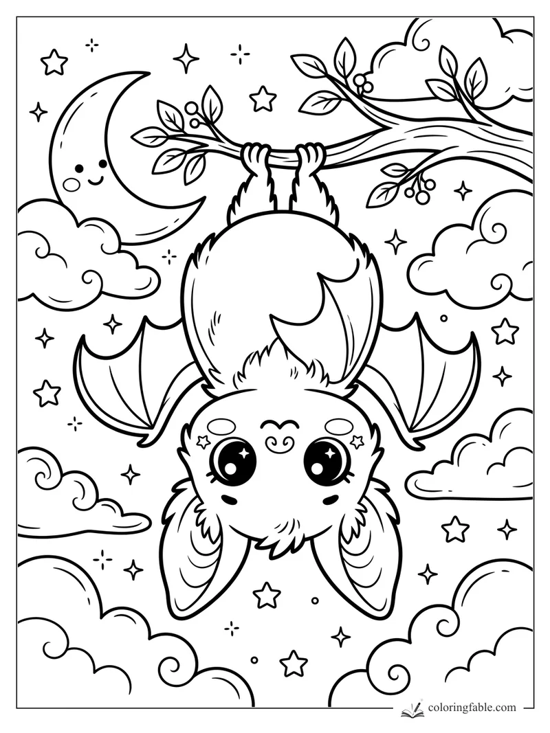 Cute upside-down bat hanging from a leafy branch under a crescent moon, stars, and swirly clouds.
