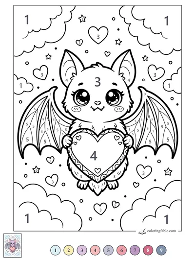 Kawaii Bat Holding a Heart in the Stars — color by number