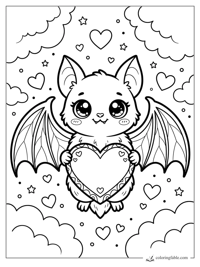 Kawaii bat holding a big heart, with open wings, clouds, stars, and little hearts around it.