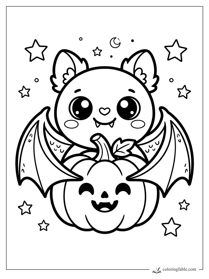 Cute kawaii bat with big wings sitting in a smiling pumpkin under stars and a crescent moon.