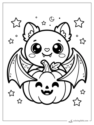 Cute kawaii bat with big wings sitting in a smiling pumpkin under stars and a crescent moon.