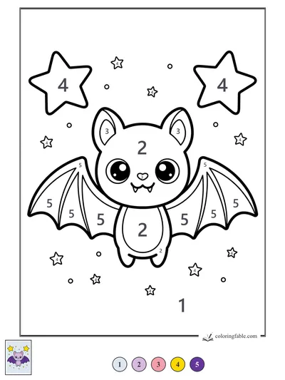 Kawaii Bat With Big Wings and Stars — color by number