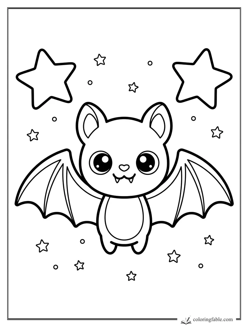 Kawaii bat with wide wings, shiny eyes, tiny fangs, and floating stars to color.