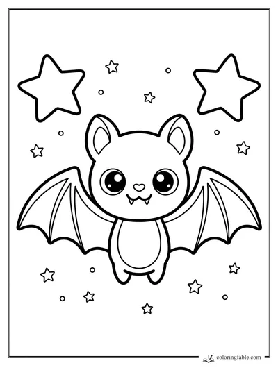 Kawaii bat with wide wings, shiny eyes, tiny fangs, and floating stars to color.