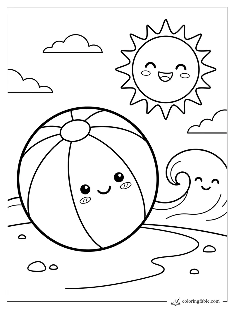 Kawaii beach ball on sand with smiling sun, wave, clouds, and pebbles