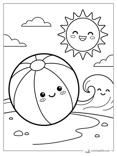 Kawaii beach ball on sand with smiling sun, wave, clouds, and pebbles