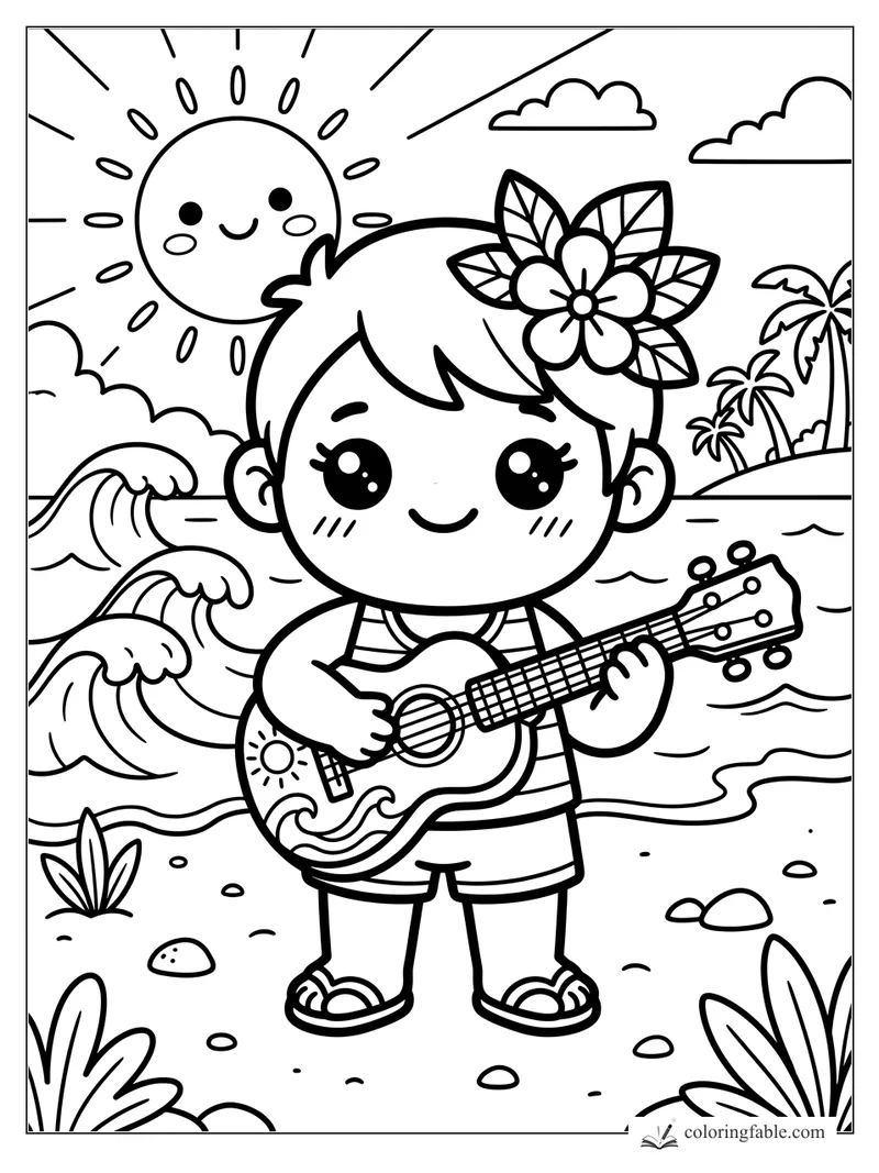 Kawaii child playing a decorated ukulele on a sunny beach with waves, palm trees, and a flower crown.