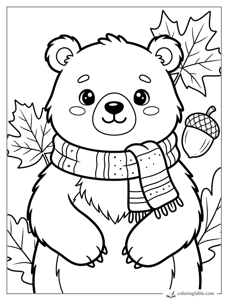 Kawaii bear wearing a patterned scarf with maple leaves and an acorn
