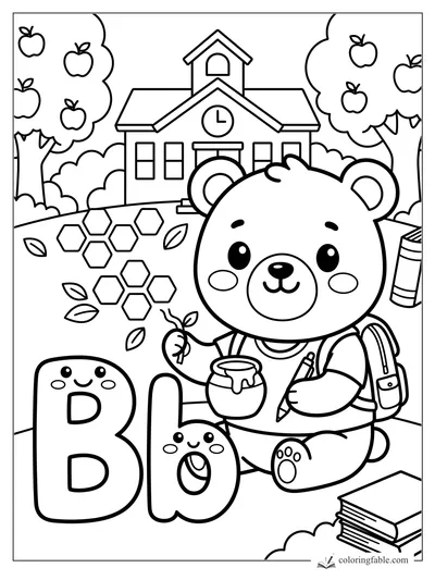 Kawaii bear painting big and small letter B outside a school with apple trees and books