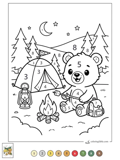 Kawaii Bear Roasting a Marshmallow at Moon Camp — color by number