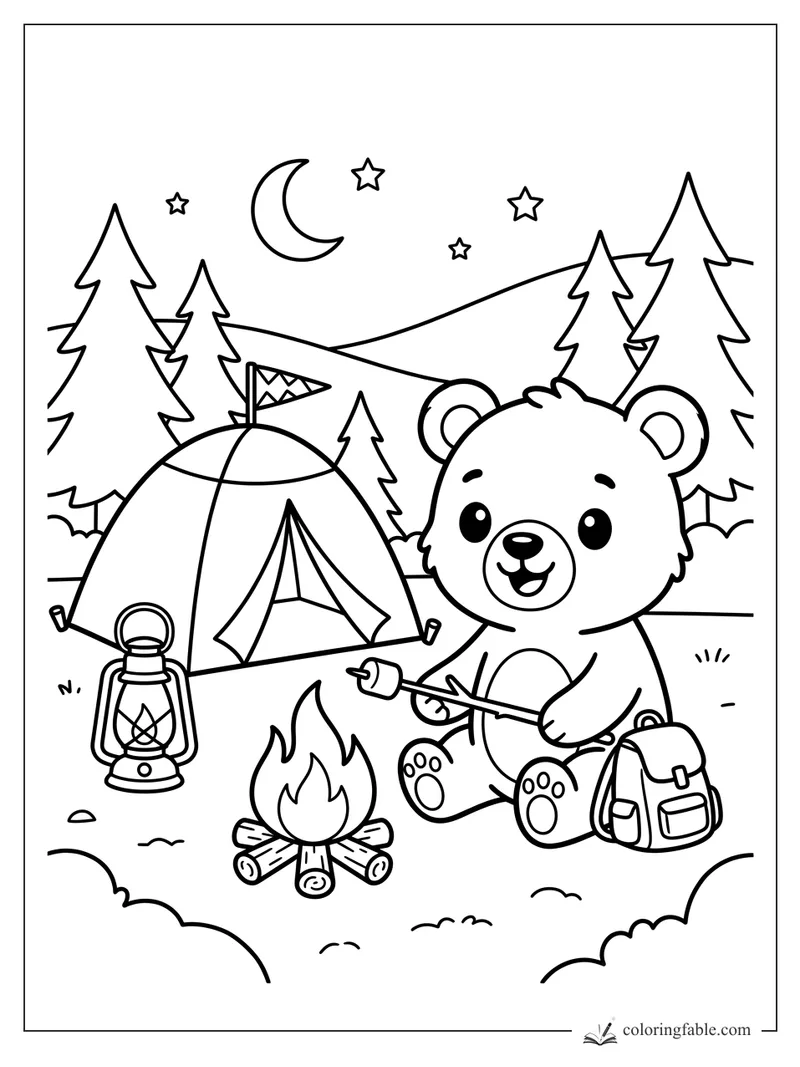 Kawaii bear roasting a marshmallow by a campfire beside a tent, lantern, backpack, moon and pine trees.